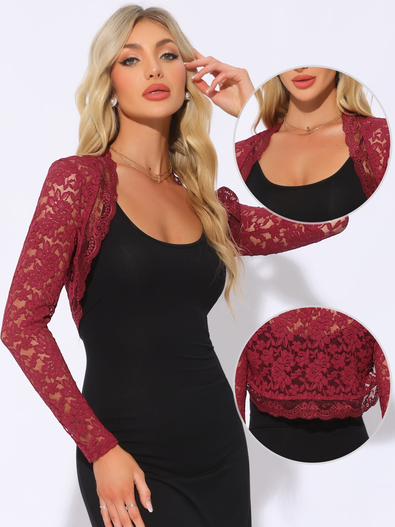 DARING DIVA Women's Floral Bolero Shrug Long Sleeve Sheer Cropped Lace Cardigan XS Dark Red