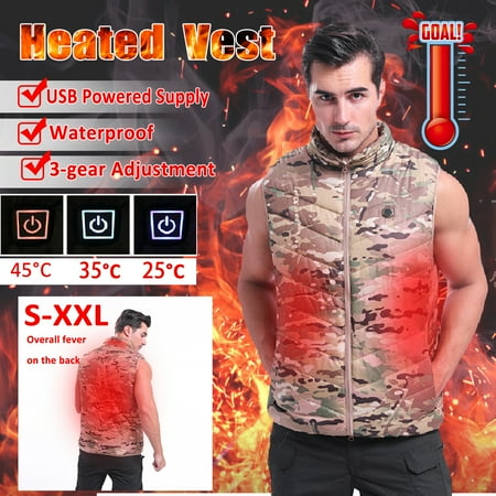 Unisex Winter Heated Vest 3-Speed Thermostat Washable Waterproof Heating Zipper Sleeveless Jacket Wind Resistant Coat,Camouflage(S-2XL)