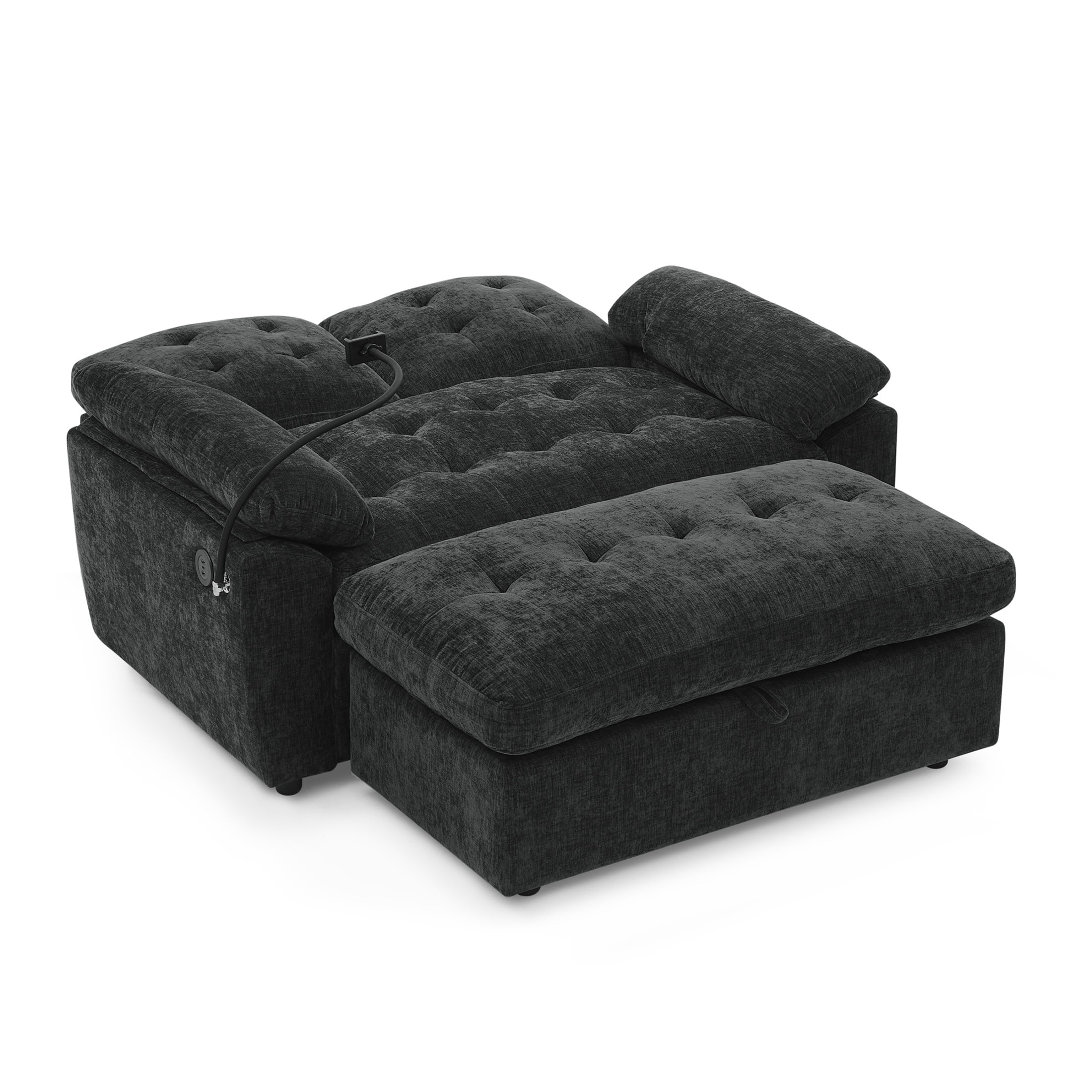 Noble House Wesley Double Sofa Recliner, Adjustable Chenille Fabric Chair with Charging Port and Storage Ottoman, Black