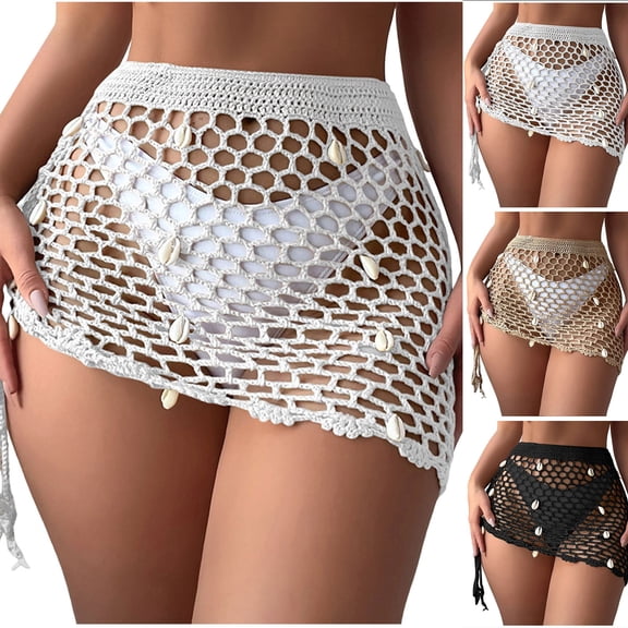 zaveiop Women's Pure hand Crochet Hollow out Shell Khaki Swimwear Swimsuit Cover up Beach Skirt (White, L)