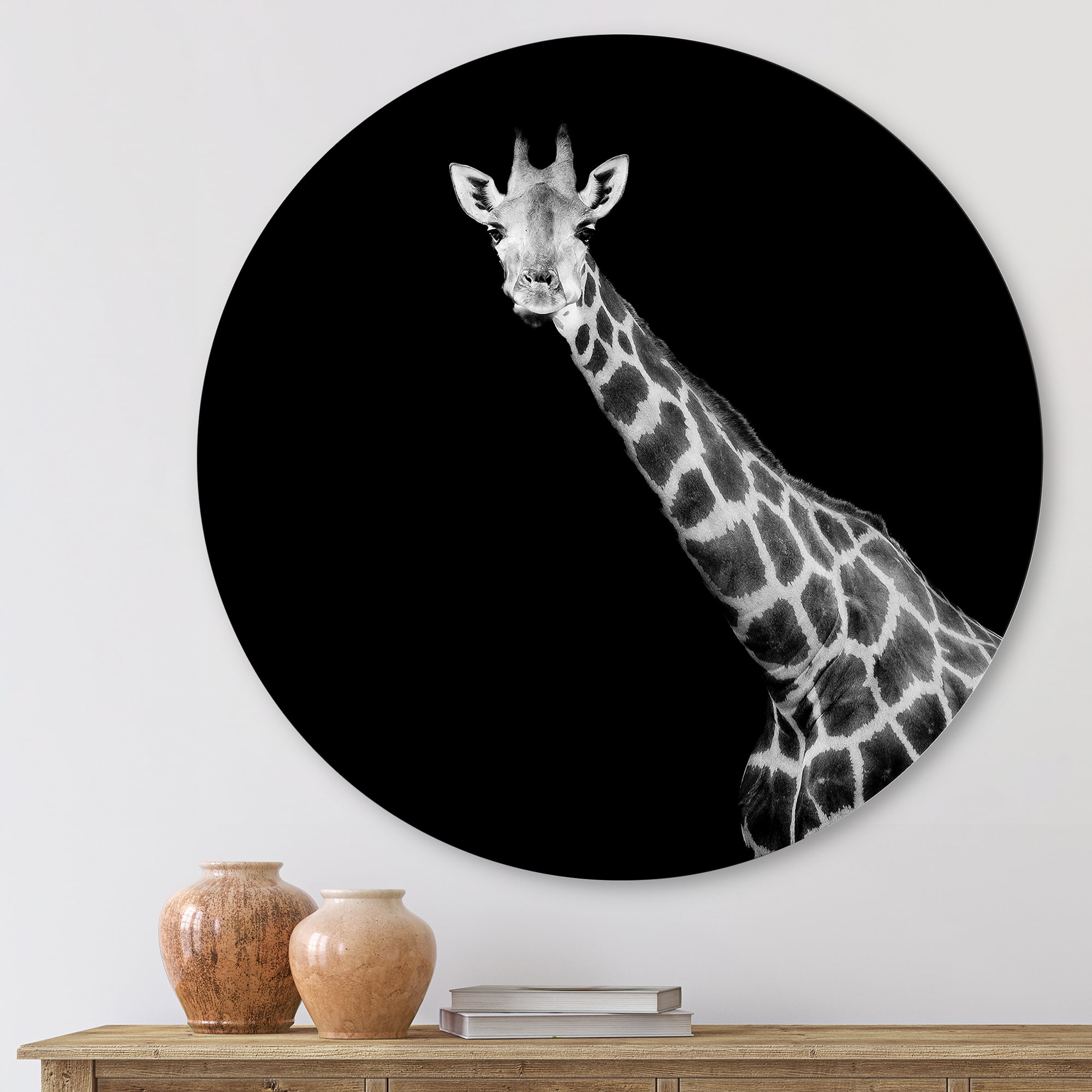 Designart 'Close Up Portrait Of A Giraffe On Black I' Farmhouse Circle Metal Wall Art 23x23 - Disc of 23