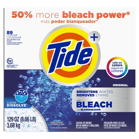 Tide Plus Bleach Powder Laundry Detergent, Original Scent, 129 oz, 89 Loads