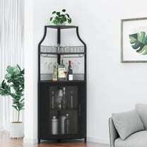 Corner Bar Cabinet, Wine Bar Cabinet with Glass Holder and Large Storage Space, Corner Liquor Cabinet with Mesh Door and Adjustable Shelf, Black