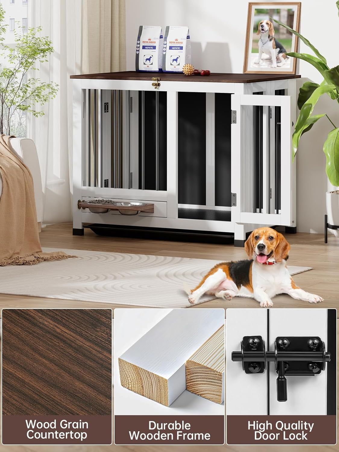 Dog Crate Furniture, 31.5'' Dog Kennel Indoor Foldable and Portable, Sturdy Wooden Dog Crate End Table Easy Assembly with 360° Rotating Feeder and Detachable Tray for Small Dogs,Medium Dogs