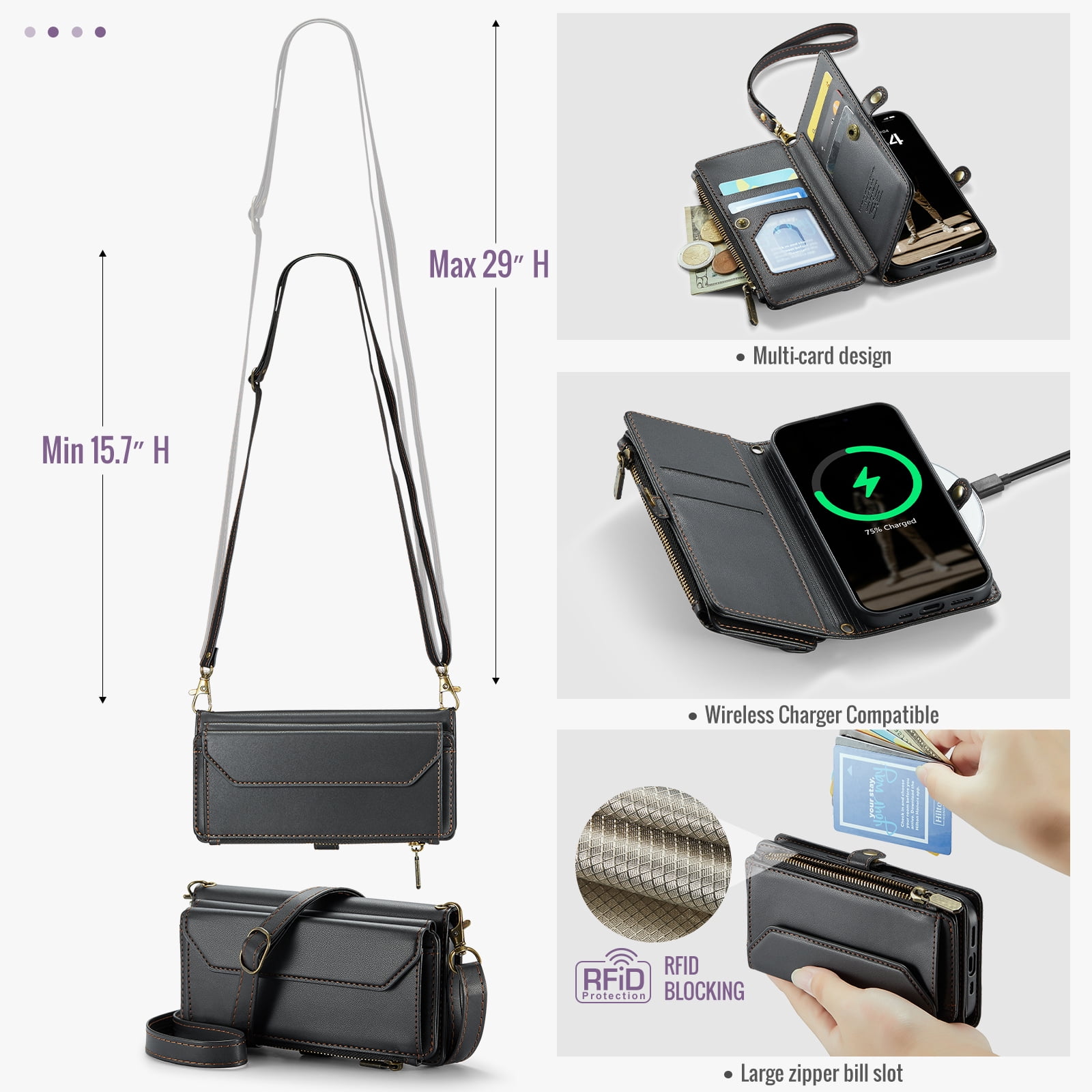 Asuwish Compatible with iPhone 17 6.3 inch Zipper Wallet Phone Case Tempered Glass Screen Protector Crossbody Lanyard Strap Flip Card Holder Slot Cell Cover for i Phone17 i17 17Case Women Girls Black