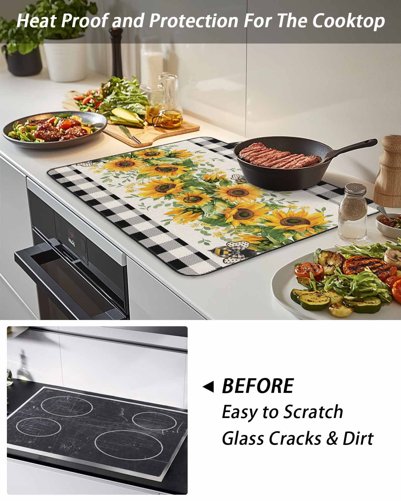 Stove Top Covers for Electric Stove, Sunflower Glass Stovetop Cover Protector, Summer Botanical Bee Rustic Black Plaid Induction Cooktop Protector Oven Mat for Kitchen Countertop 24"x21"