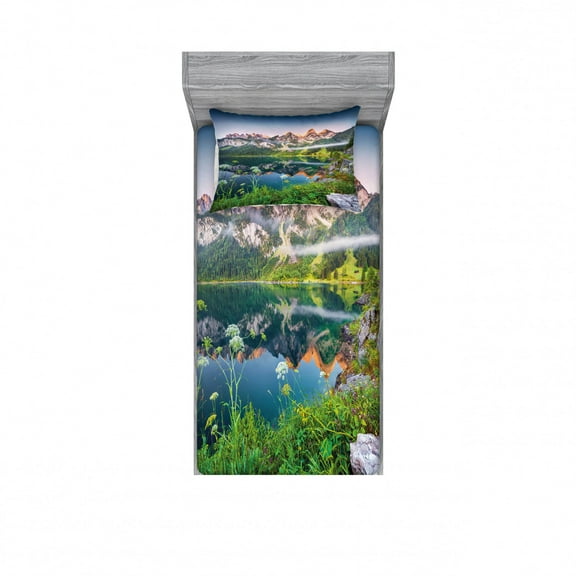Nature Bedding Set with Sheet & Covers, Misty Summer Morning on Austrian Alps Mountain Range with Lake Wanderlust Landscape, Printed Bedroom Decor 2 Shams, 4 Sizes, Green Blue, by Ambesonne