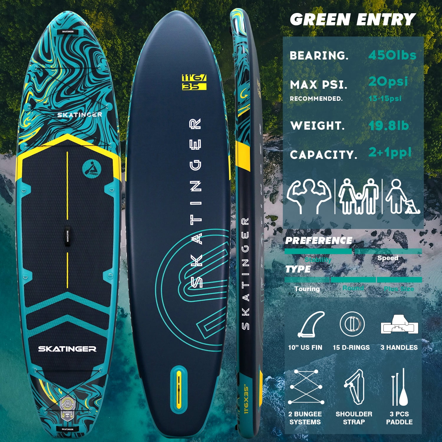 Skatinger 11'6×35" Super Wide Inflatable Paddle Board,   Stand up Paddleboards for 450lb/Family/Big Size,All-Round Sup Board, US Fin