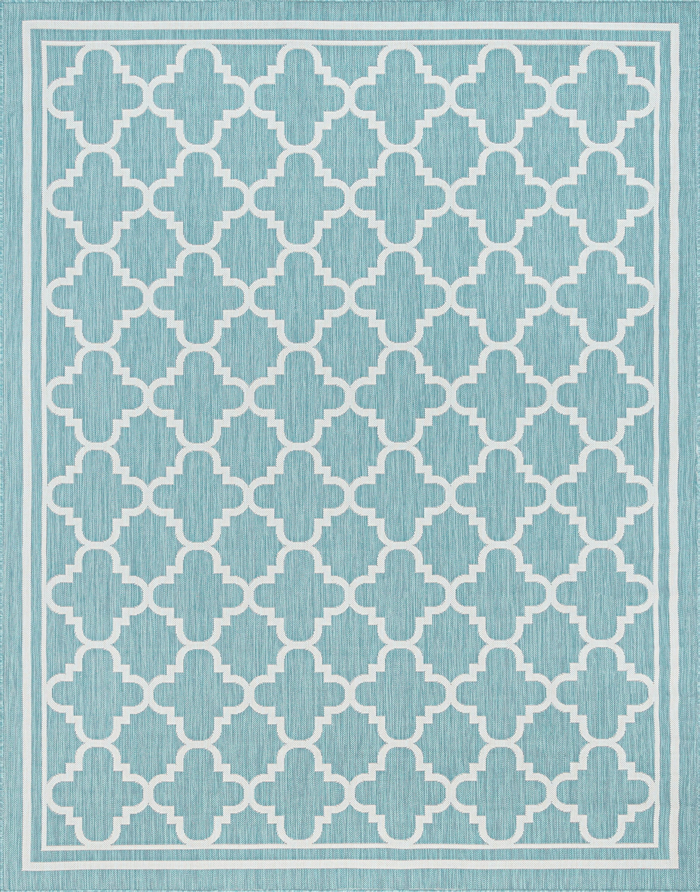 9x12 Water Resistant, Large Indoor Outdoor Rugs for Patios, Front Door Entry, Entryway, Deck, Porch, Balcony | Outside Area Rug for Patio | Aqua, Geometric | Size: 8'9'' x 12'2''