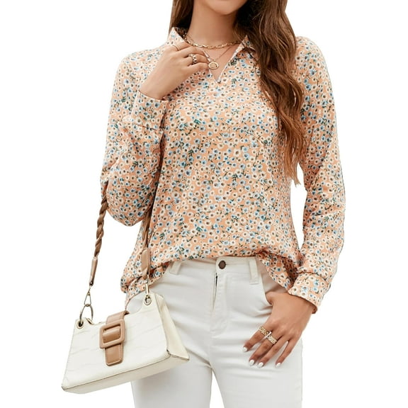 Womens Casual Top Collared V Neck Office Shirt Loose Fit Blouse (Small, Floral)