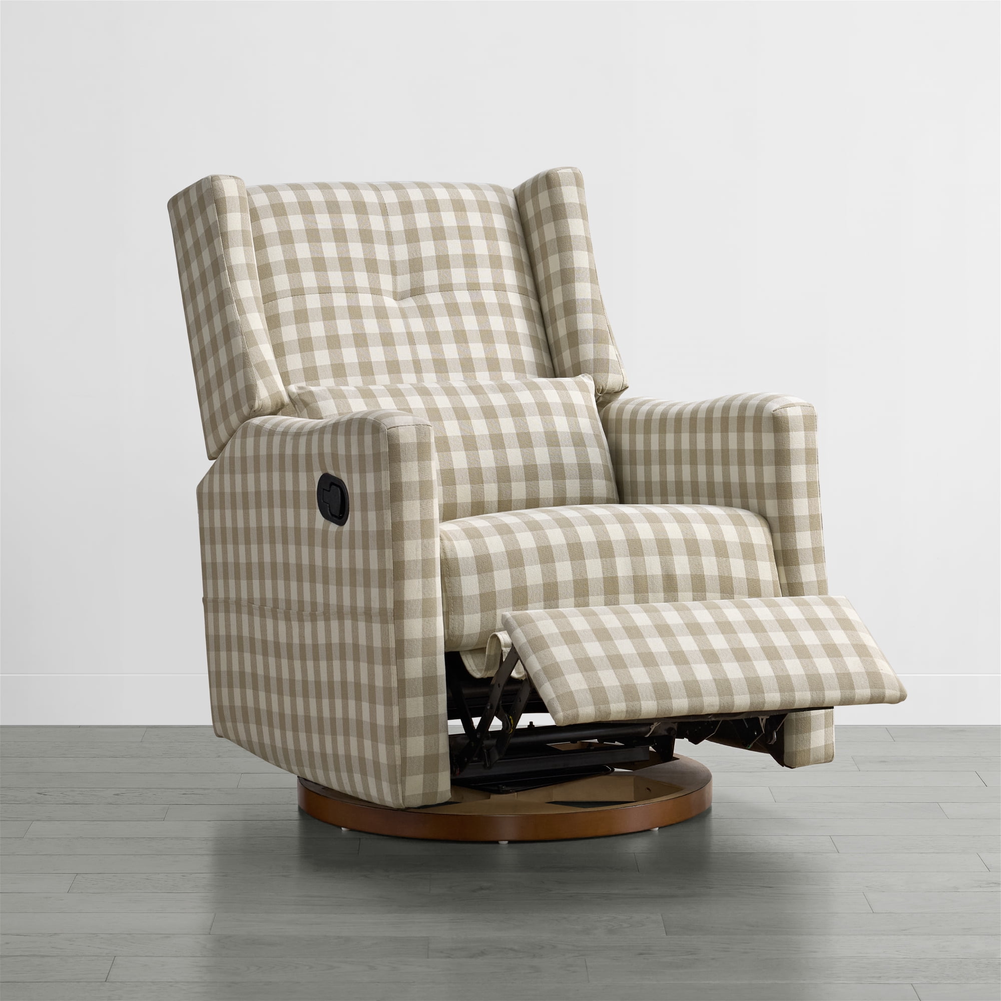 Spruce & Spring Manual Swivel Glider Recliner with Storage Pocket, Beige Gingham
