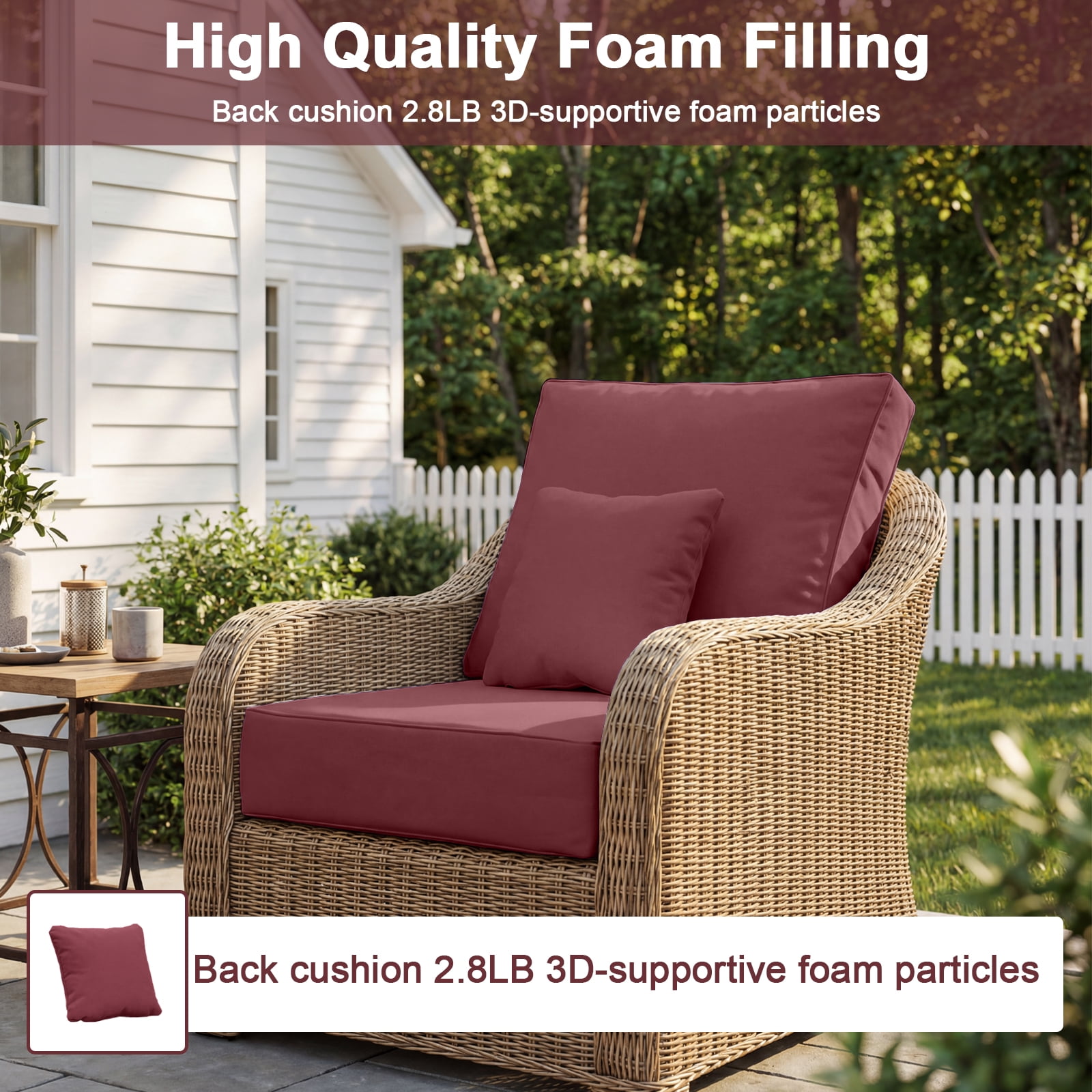 Outdoor Chair Cushions 24 x 24 x 6 inch for Patio Furniture, Fade & Water Resistant Patio Cushions with Removable Cover and Straps, Red