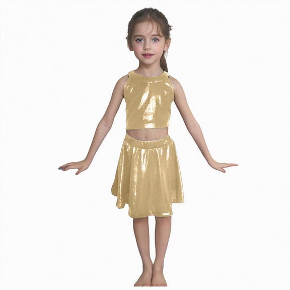 CAICJ98 Girls Metallic Outfit Sequin Dance Shiny Crop Top for Dancing Raves Festivals Metallic Skirt (Gold,5-6 Years)