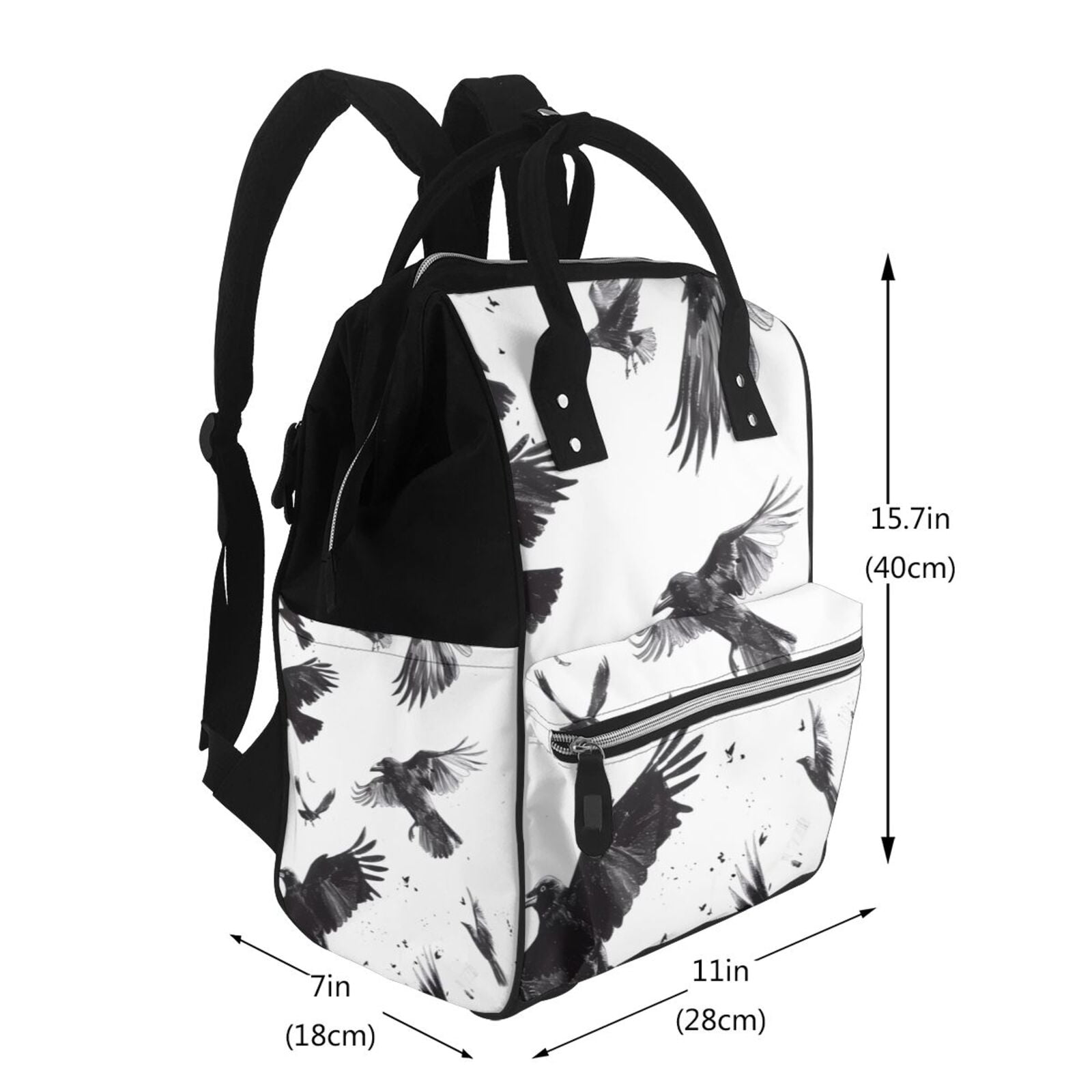 Ratiio Monochrome Flying Ravens Mummy Backpack - Waterproof Twill Canvas, Large Capacity Diaper Bag with Multiple Pockets and Adjustable Straps