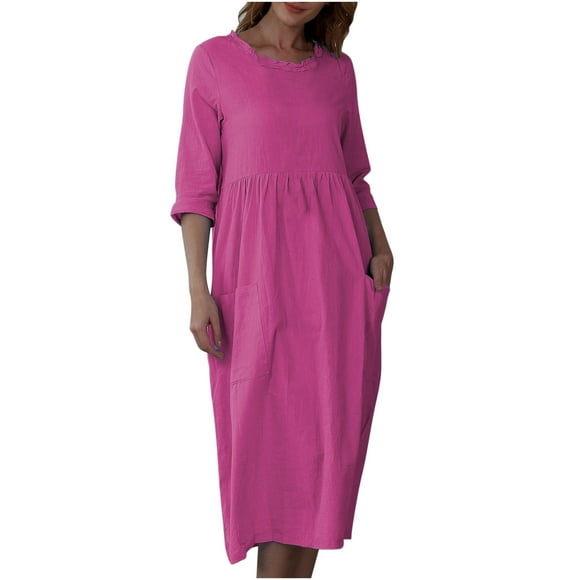 Women's Tea Length Cotton Linen Dress Clearance Solid Holiday Autumn Dresses Boat Neck Elegant Casual Comfy Vintage Boho 3/4 Sleeves Hot Pink M