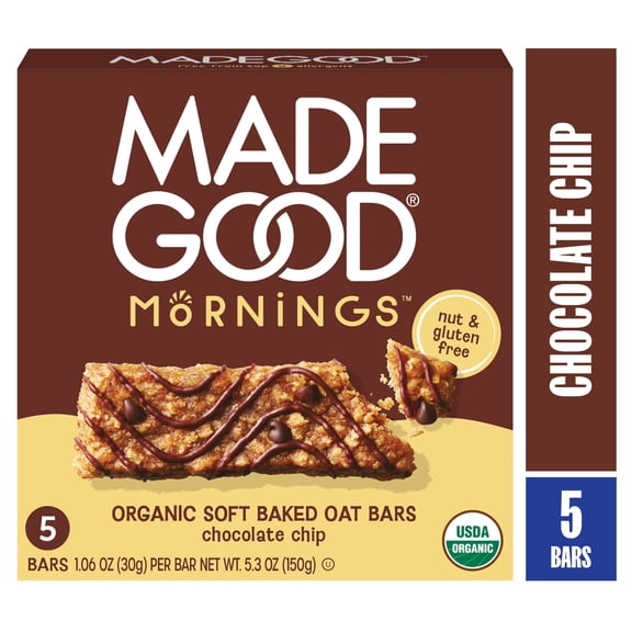 MadeGood Chocolate Chip Morning Bars, 5 Healthy Breakfast Bars, 1.06 Oz Each