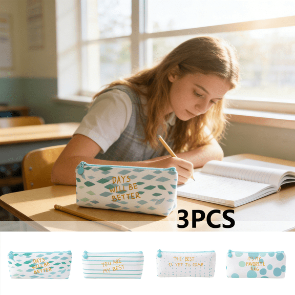 FEOLGEHLY 3PCS Small Pencil Cases, Ultras-Slim Zippered Canvas Pen Pouch, Portable Minimalist Stationary Organizer, Waterproof Stain Resistant Durable for Office Commuting Trips (B)