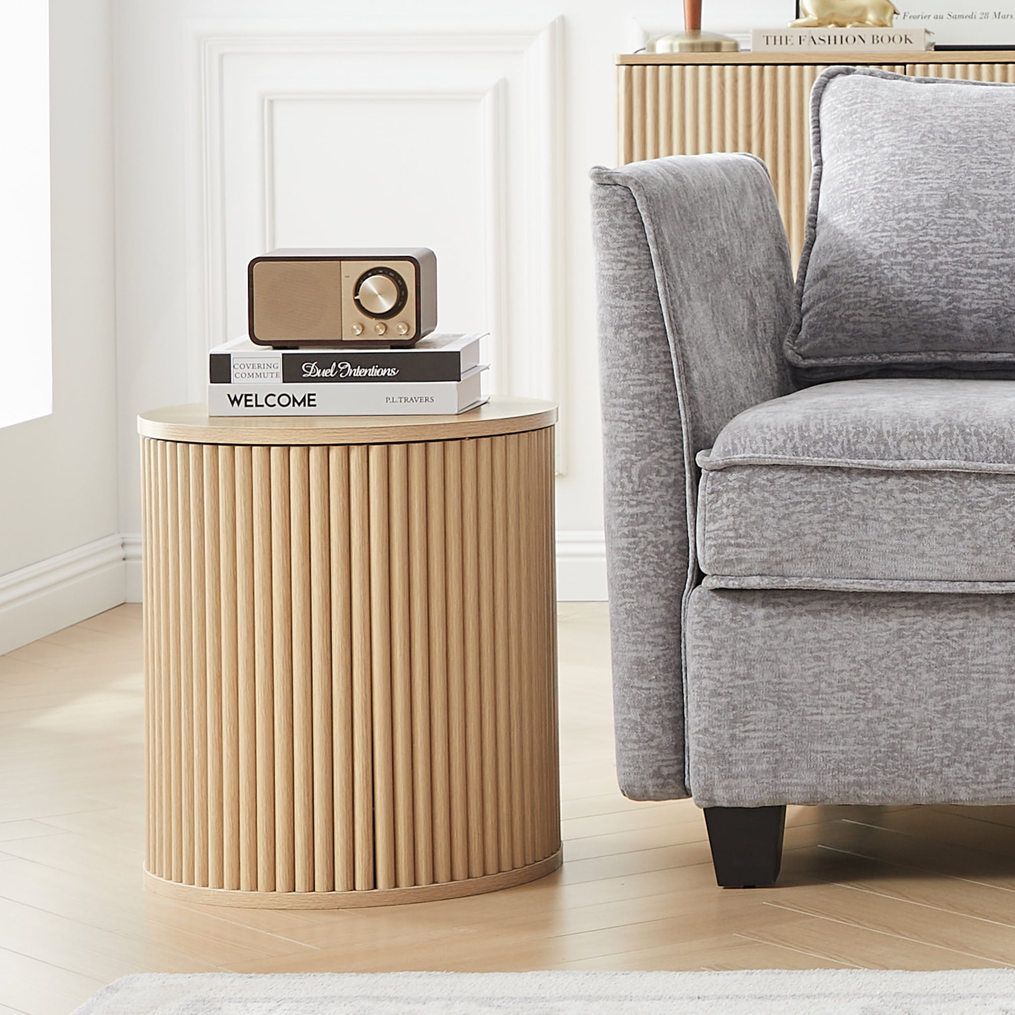 Wirrytor Round Side Table for living room, Fluted End Table for Small Spaces, Mid Century Modern Small Accent Tables, Bedside Table, Couch Side Table, Nightstand for Bedroom Couch,Oak