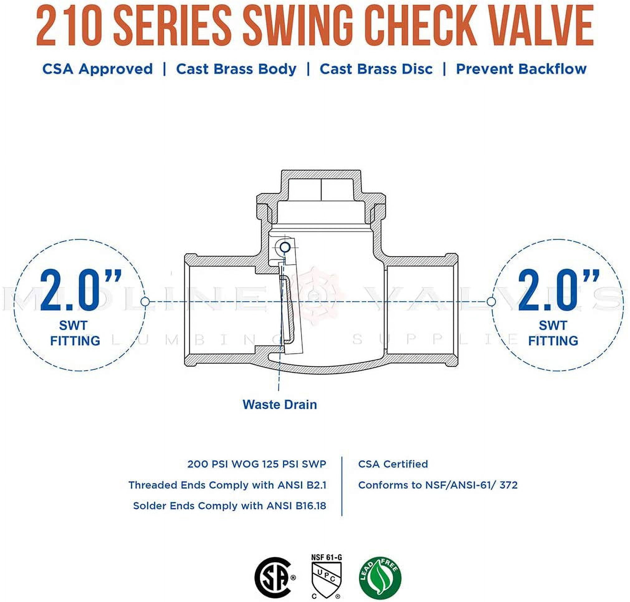 Midline Valve Swing Check Valve, Backflow Prevention, Lead-Free, 2 in. Sweat Connections, Cast Brass
