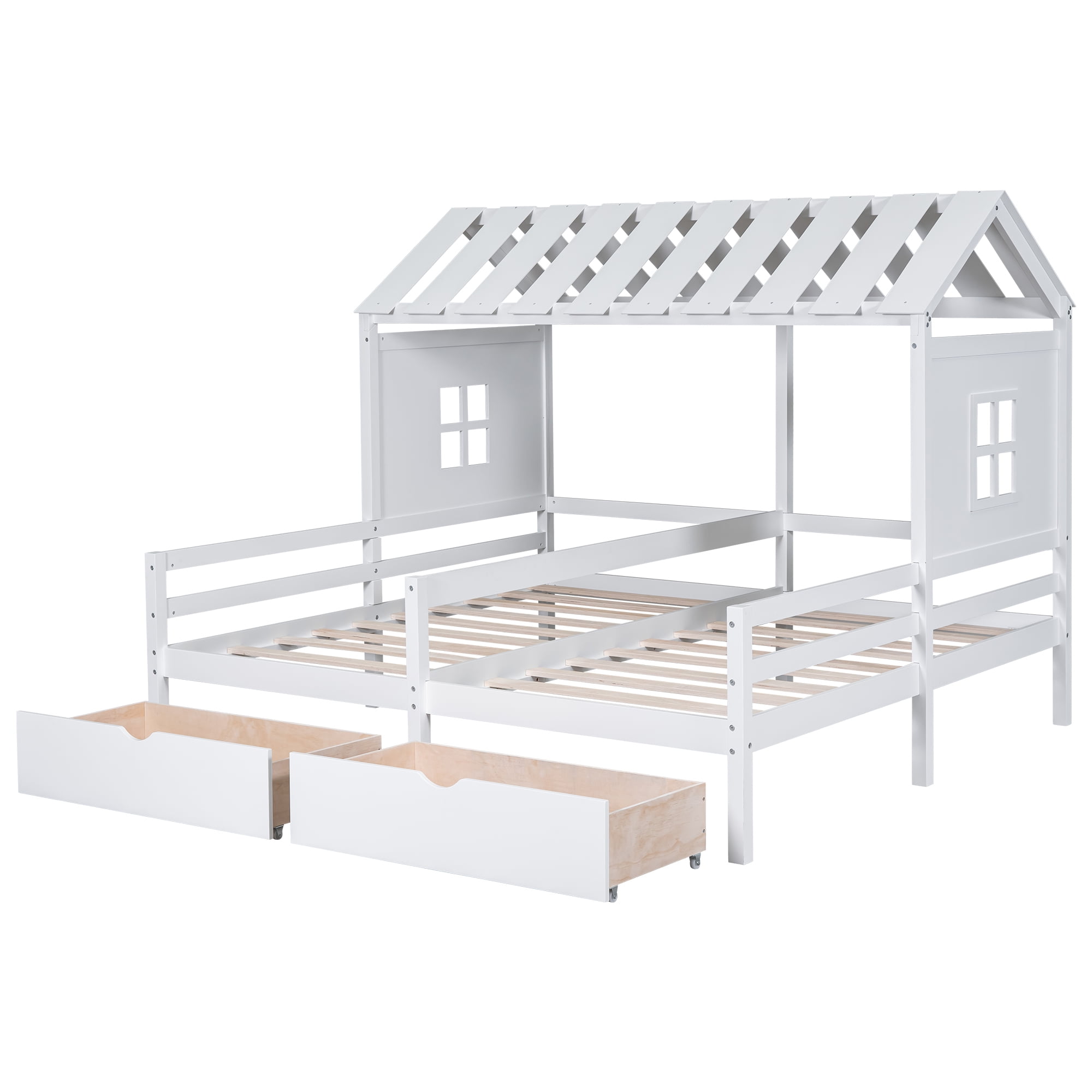 Euroco Twin Size Wood House Double Platform Beds, House Shaped Roof and Windows, 2 Drawers for Kids