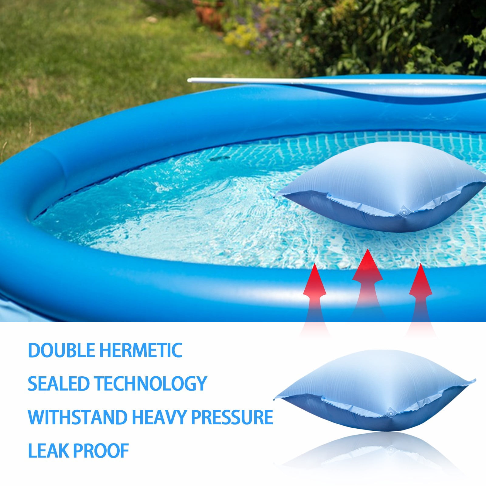 120×120cm Square Winter Pool Pillow for Above Ground Pools, Heavy Duty Cold-Resistant Inflatable Pool Cover Pillow, with 2pcs 3M Ropes for Winter Pool Closing Kit(0.27mm*120cm×120cm)