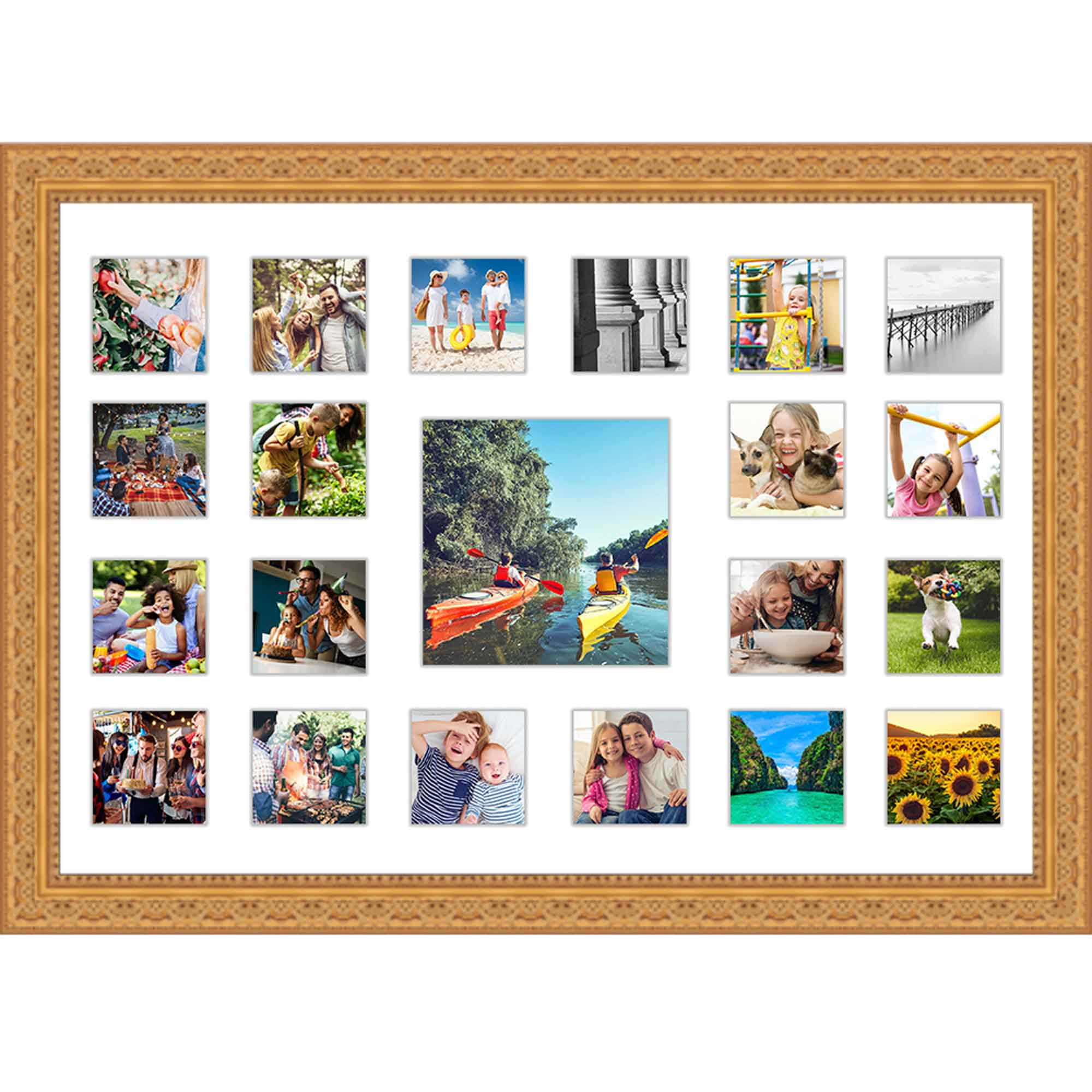 Gold Collage Frame With Mat 20x29 Frame For (20) 4" x 4" and (1) 8" x 8" Photo Great for