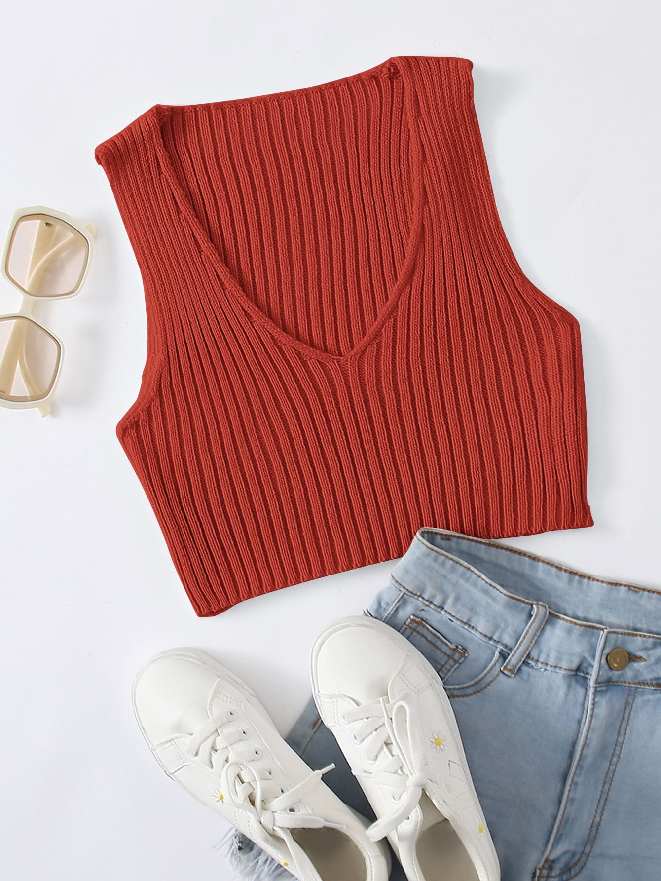 Burnt Orange Ribbed Knit Crop Sweater 