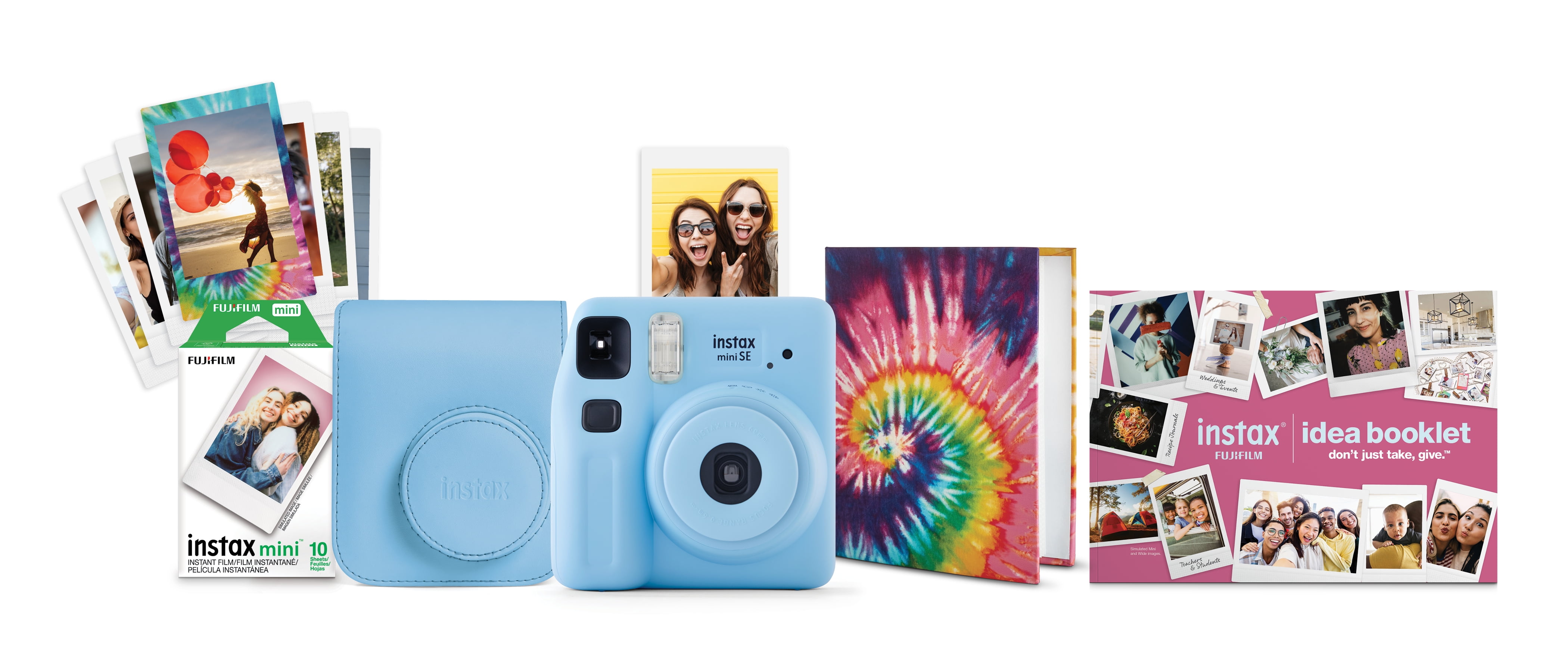 Fujifilm instax Mini SE Instant Camera Bundle with Case, 10 Pack Film, Album, and Frame Stickers, Light Blue (Value Bundle)