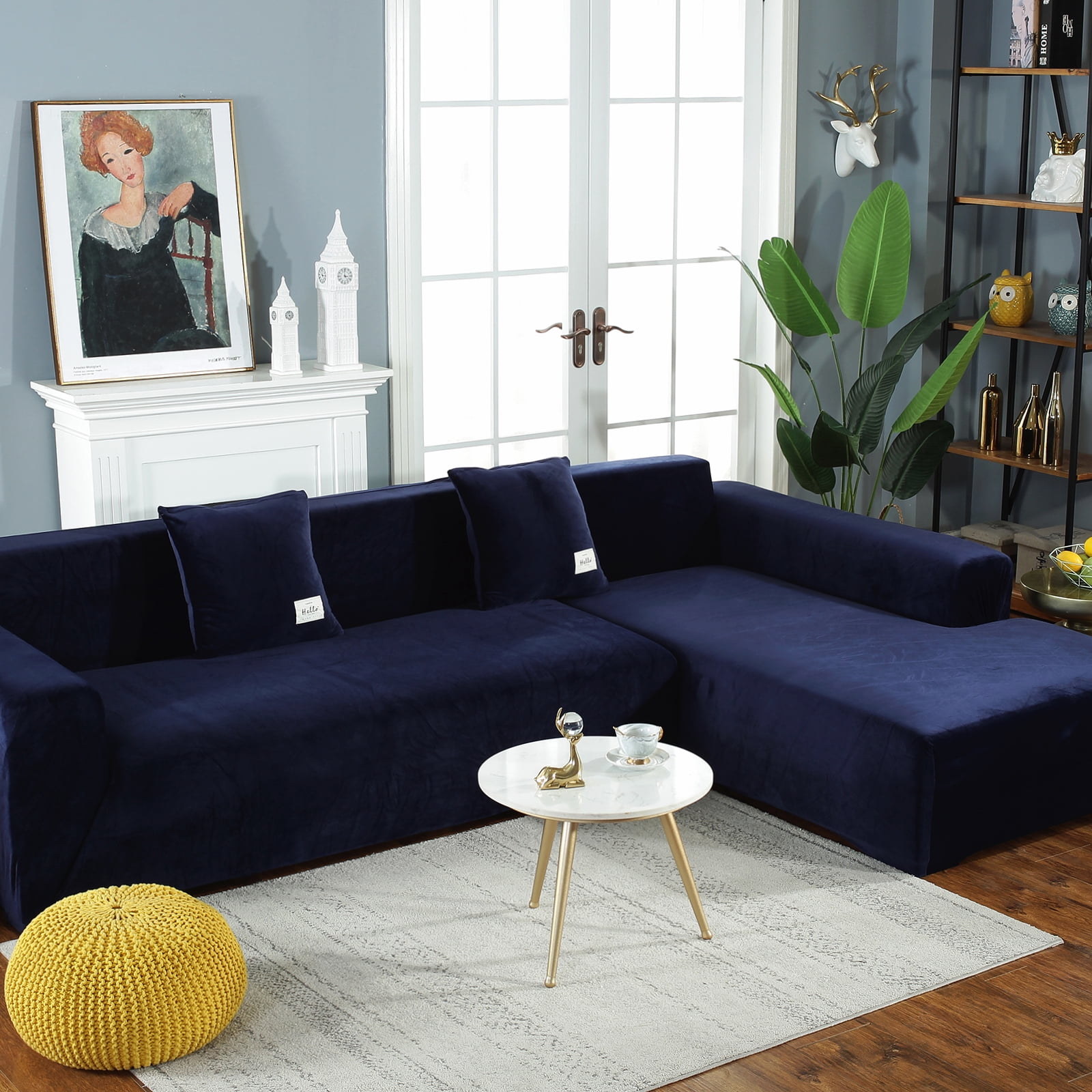 CJC Sectional Couch Covers, Velvet Stretch L Shape Sofa Covers, 2pcs Sofa Slipcovers for 3 + 4 Seaters Sectional Chaise Slipcover for Pets Kids, Navy Blue