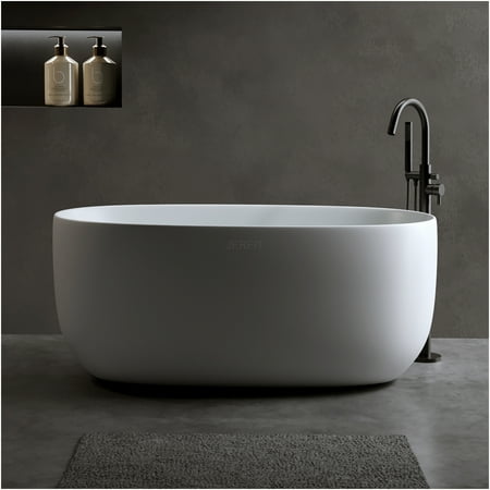 JERFIT 47 inch Freestanding Bathtub, Modern Stone Resin Soaking Tub with Pop-Up Drain, Matte White Finish for Small Space Bathroom