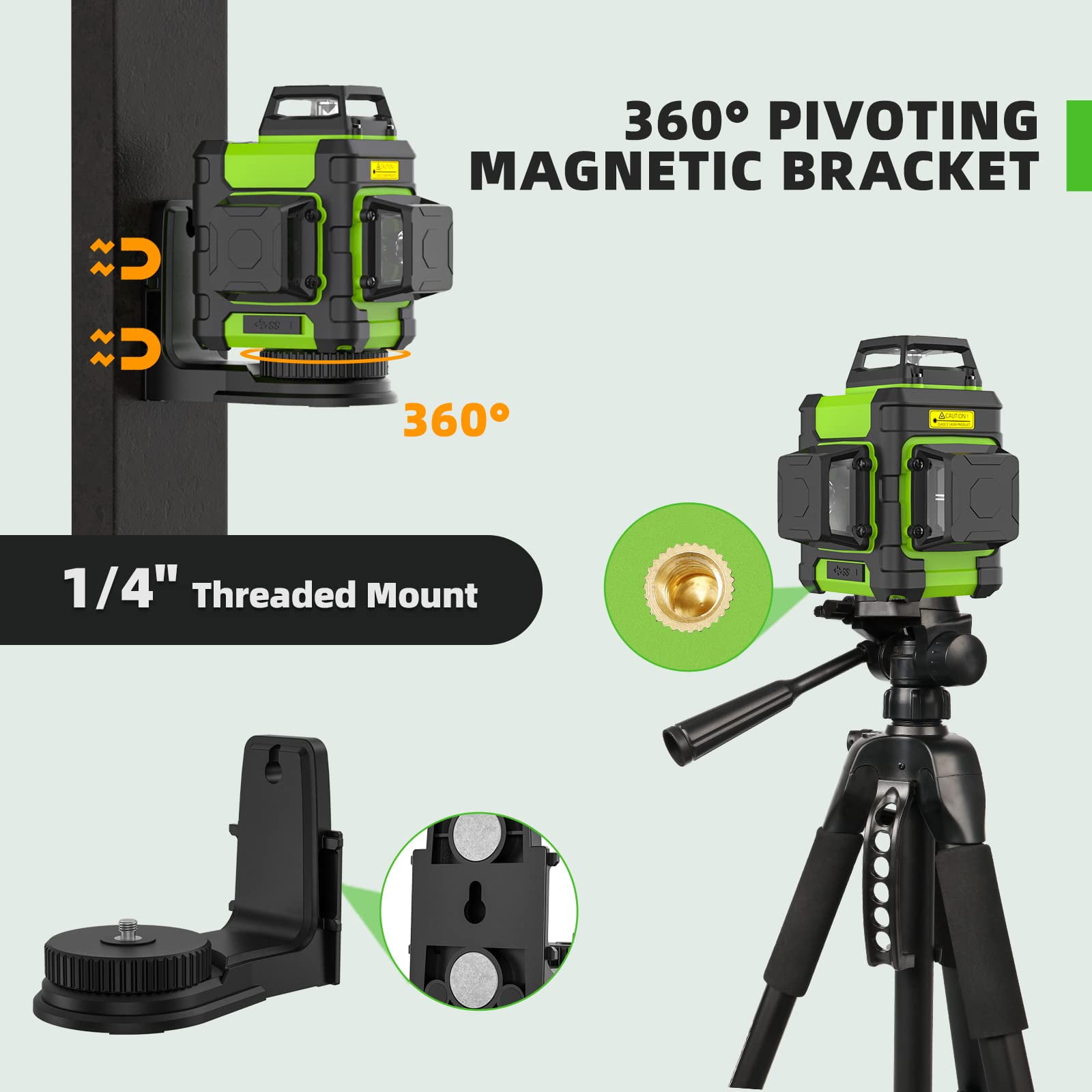 3D 12 Lines Self-Leveling Laser Level, 200Ft Green Beam 3 x 360° Outdoor Cross Line Laser Level Tool with Li-ion Battery, Magnetic Bracket and Hard Carry Case