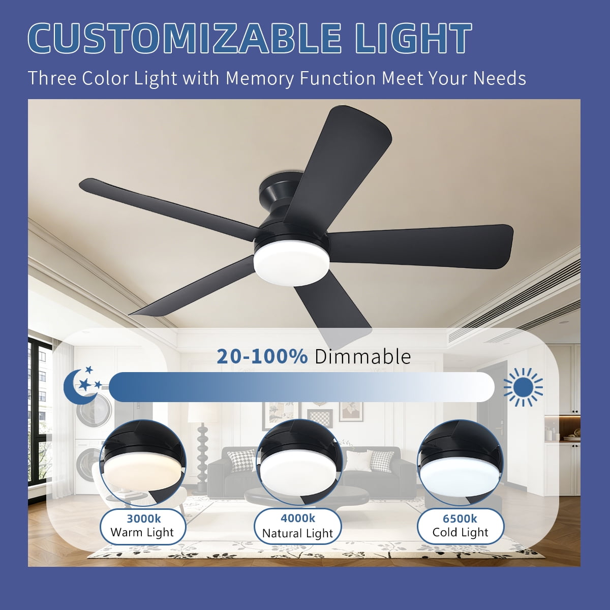 Ceiling Fans With Lights, 42 Inch Low Profile Ceiling Fan with Light and Remote Control, Modern Flush Mount Ceiling Fan With Timming, Dimmable 6 Wind Speed, for Bedroom Indoor/Outdoor Use, Black