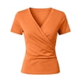 thumbnail image 6 of Karymi Plus Size Tops for Women Solid Wrap Cross V Neck Ruched Short Sleeve T-Shirt, Slim Fitted Twisted Surplice Pullover Top, Stretch Casual Tee T Shirts for Women, 6 of 6