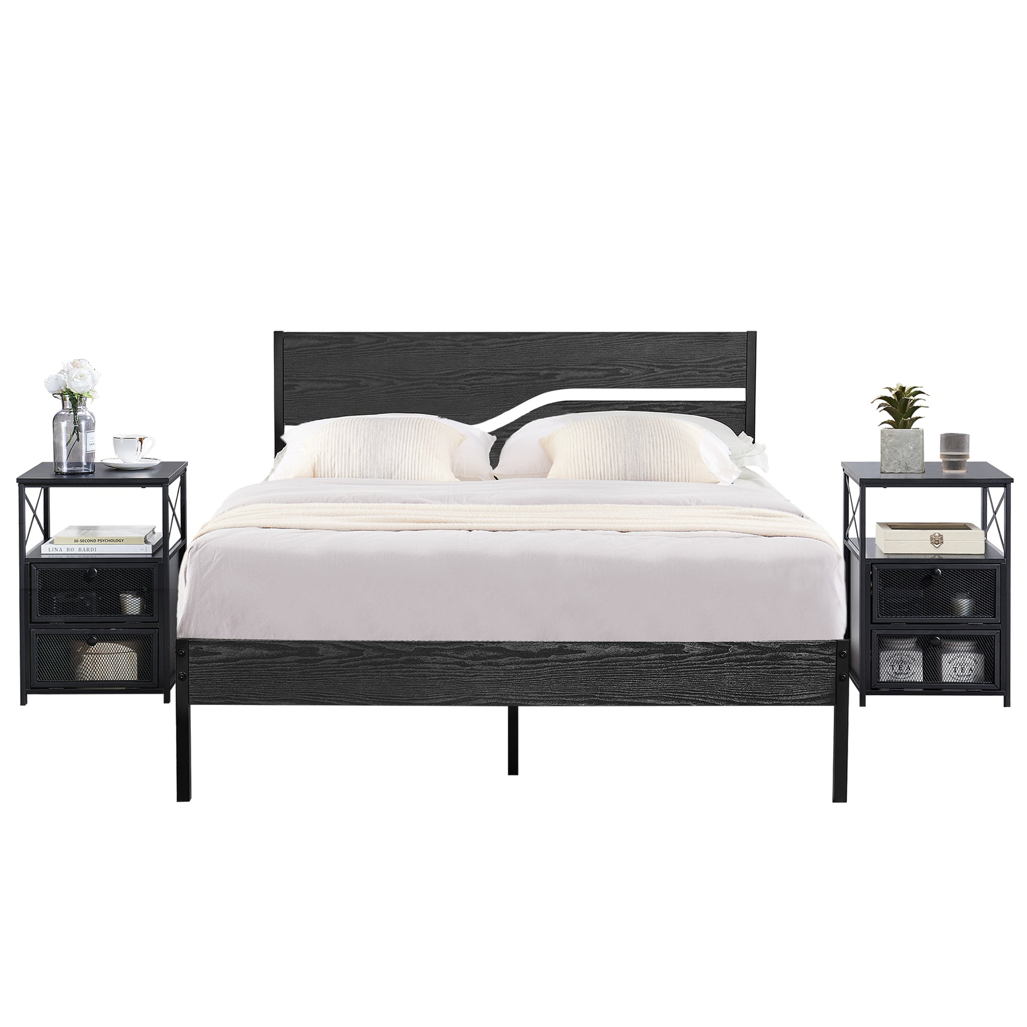 VECELO 3Piece Bedroom Set, Twin Size Platform Bed Frame + Nightstand