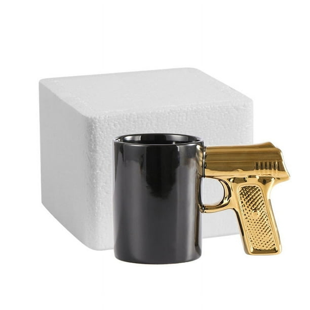 Taza de café de cerámica con mango en forma de pistola, 350 ml, color negro