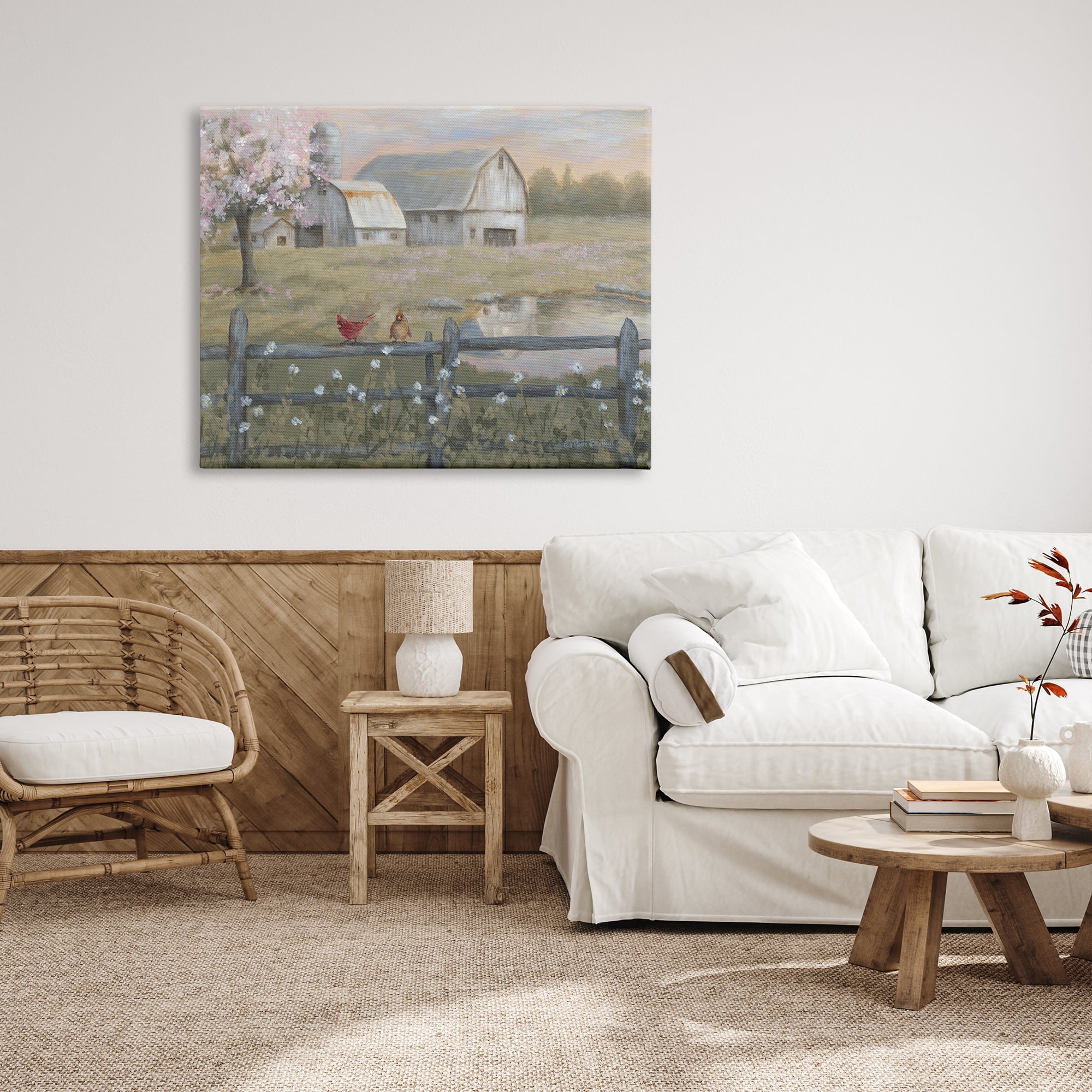Stupell Industries Blossoming Trees Birds Perched Country Farm Fence Painting Gallery Wrapped Canvas Print Wall Art, Design by Pam Britton