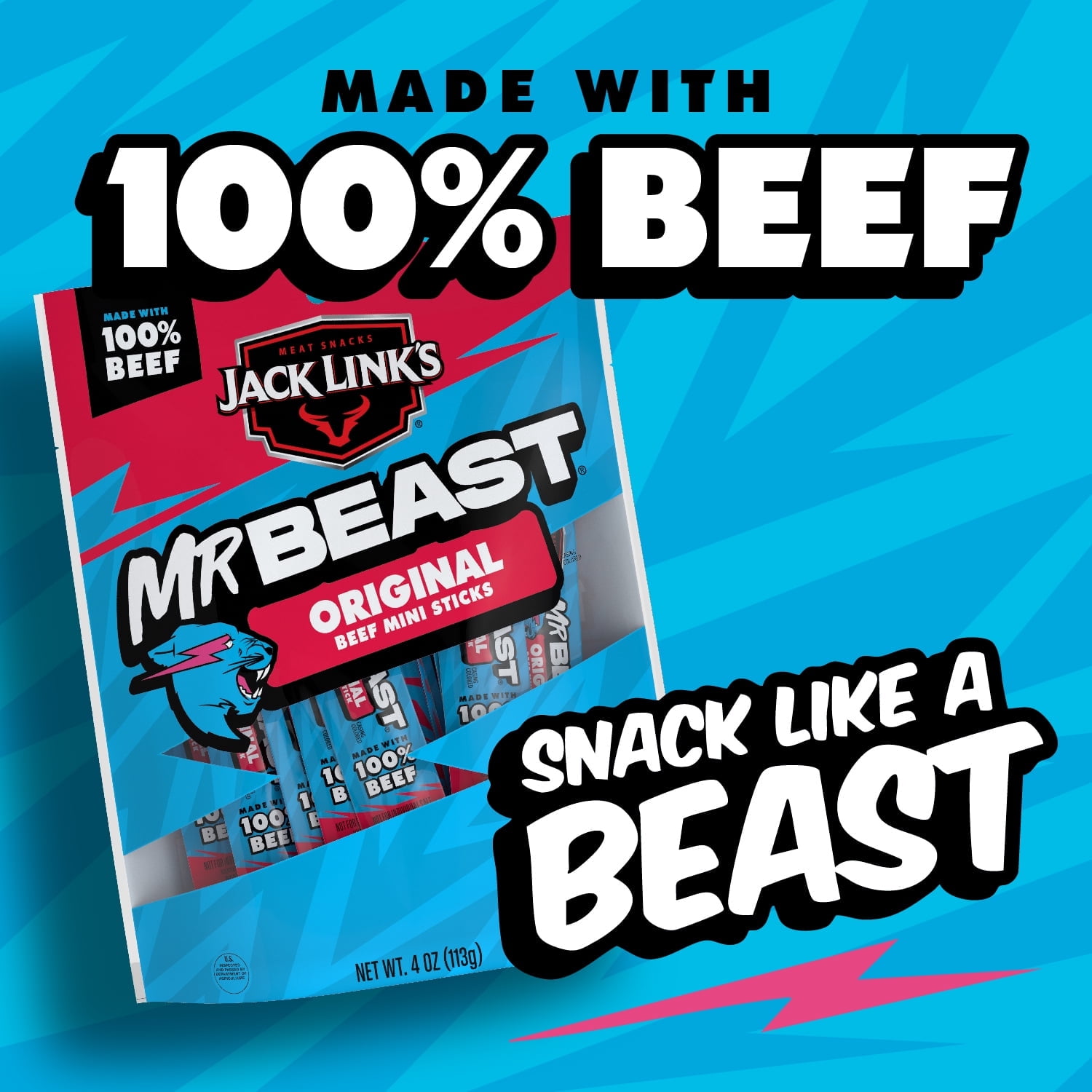 Jack Link’s x MrBeast Original Mini Beef Sticks, 4 ounce, 8 count of .5 ounce Mini Meat Sticks