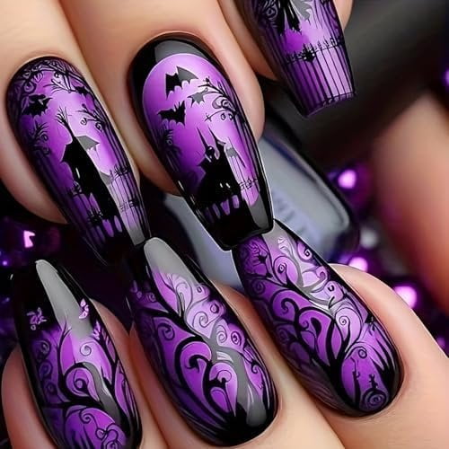 Halloween Press Nails Medium Ballet Shaped Bat False Nails Full Cover Artificial Fingernails Jungle Castle Design Halloween Glossy Festivla Glue Nails for Women Supplies