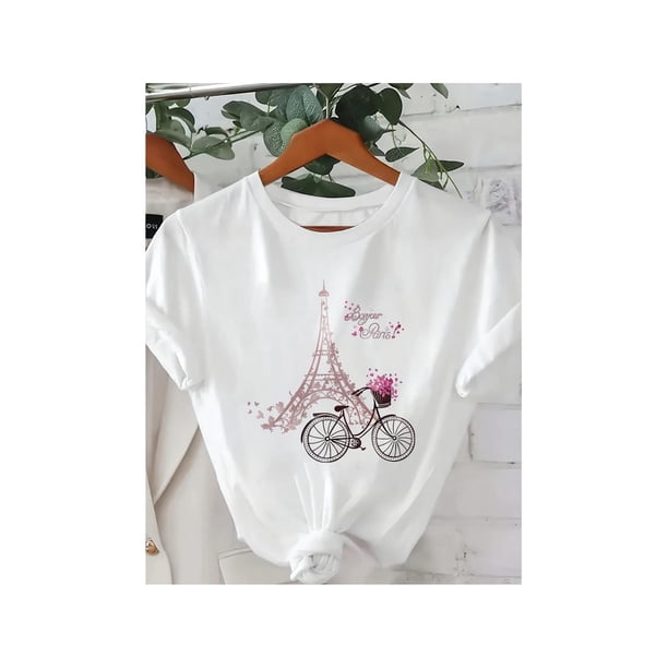 Women's T-Shirt | Paris eiffel Tower & Bicycle Print | Casual Round Neck | Short Sleeve | Breathable, Machine Washable | ideal for Spring/Summer | Stylish and Comfortable Pullover Top, Ladies T S