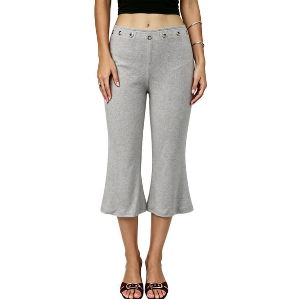 Pantalones capri para mujer, elegantes, con ojales metálicos, cintura elástica y corte acampanado.