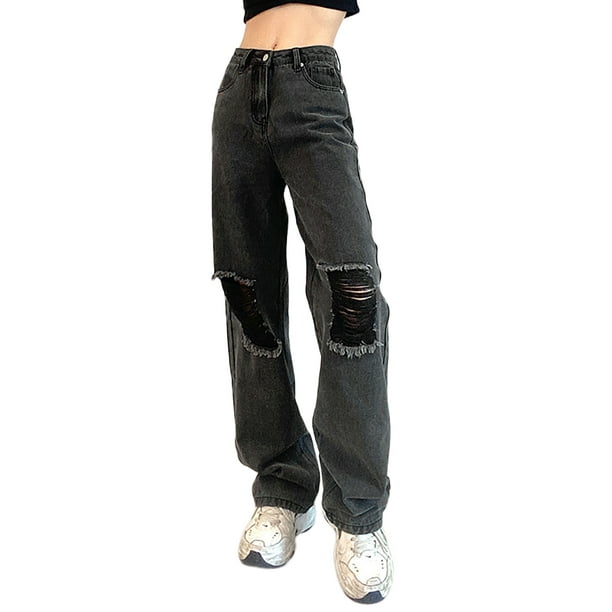 Xiaoluokaixin Women Ripped Jeans Black Y2K High Waist Wide Leg Denim ...