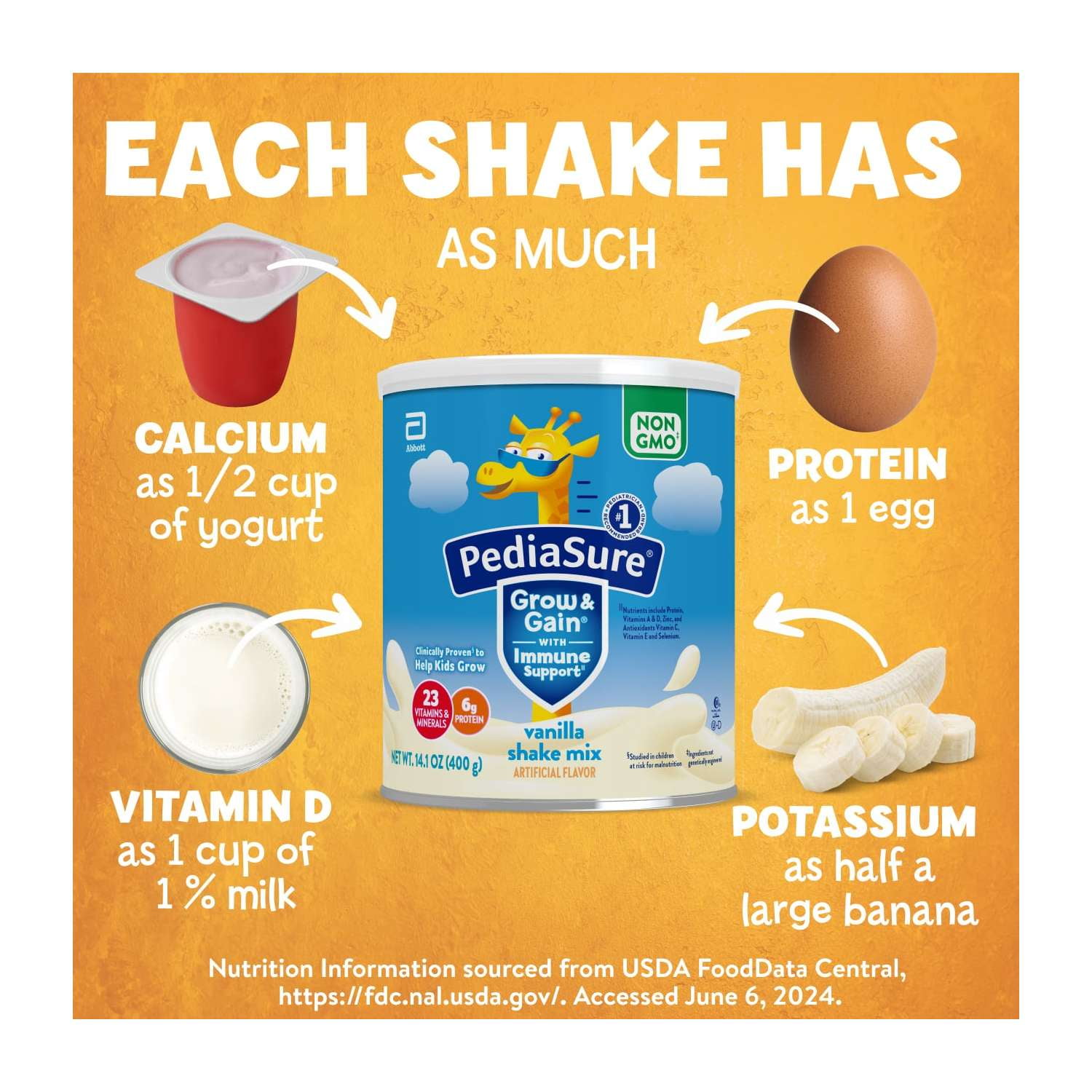 PediaSure Grow & Gain Shake Mix Powder, Vanilla, 14.1 oz Can, 8 Servings