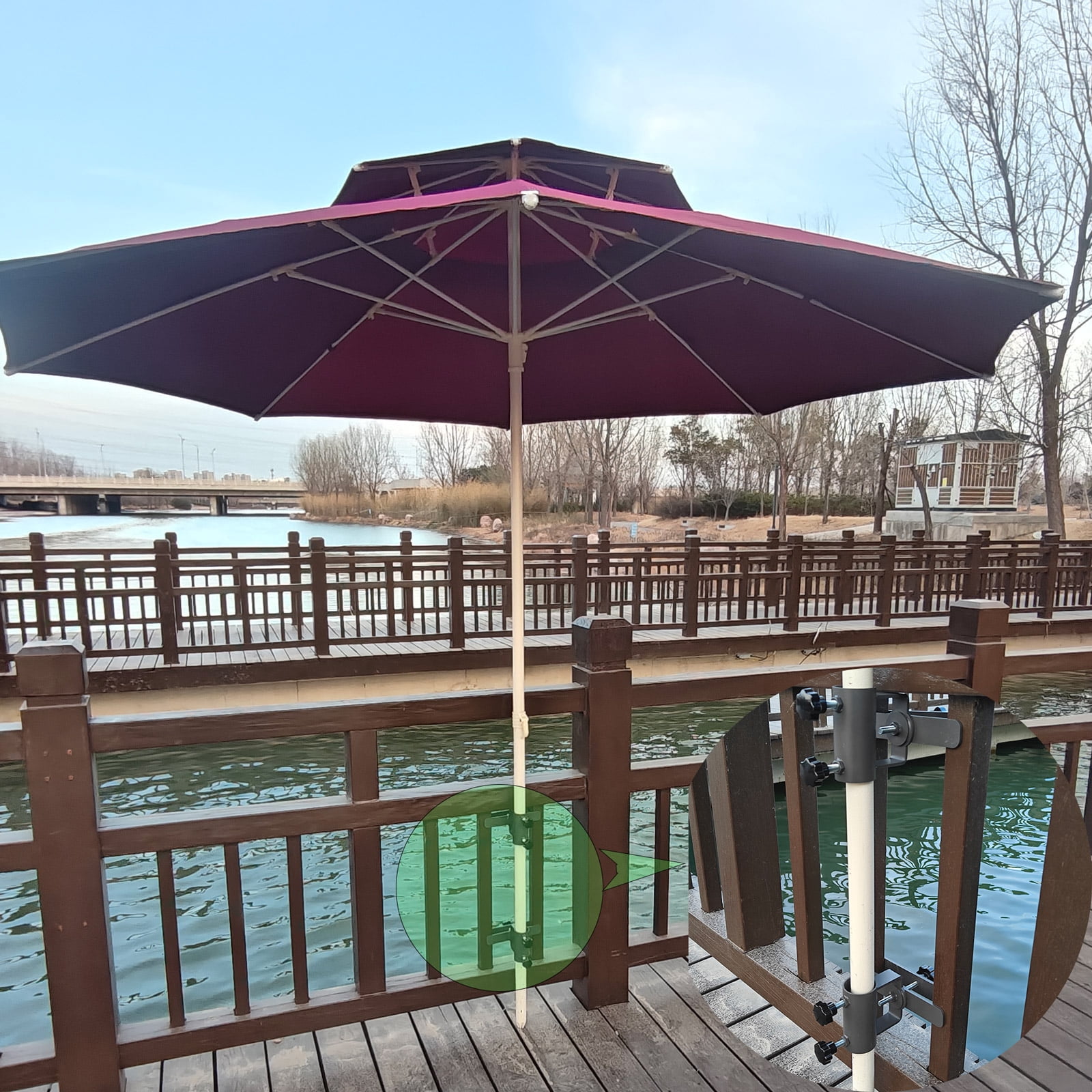 2Pcs Heavy-Duty Adjustable Patio Umbrella Holder, Outdoor Metal Clamp Umbrella Base and Stand for Fixed Deck Railings and Poles