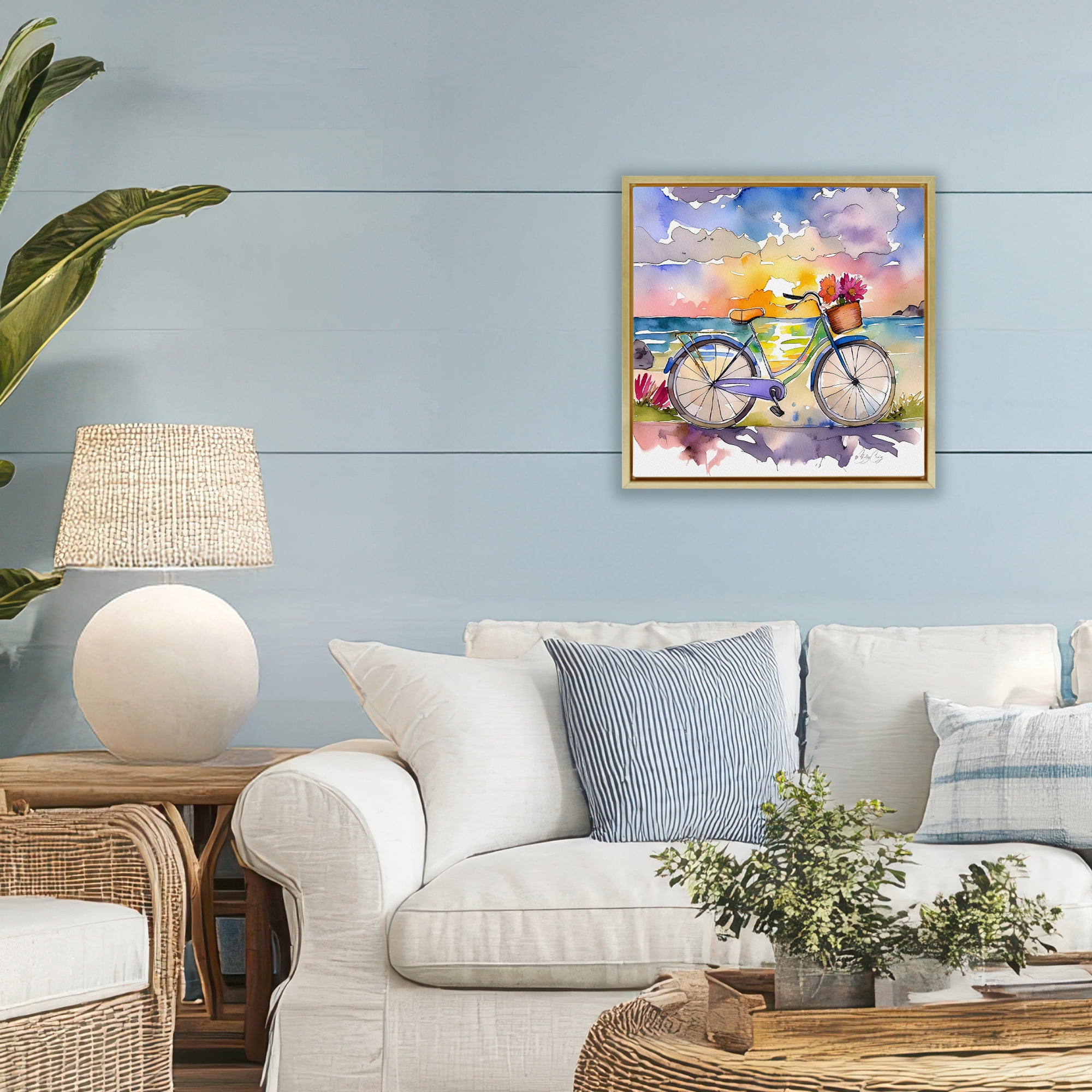 Stupell Industries Bicycle By The Seaside Gold Framed Floater Canvas Wall Art, design by Shelly Craig