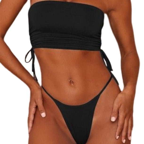 E8BF-traje de baño Bandeau para mujer, Bikini brasileño atrevido de corte alto, traje de baño con cordón sin tirantes, 2 piezas