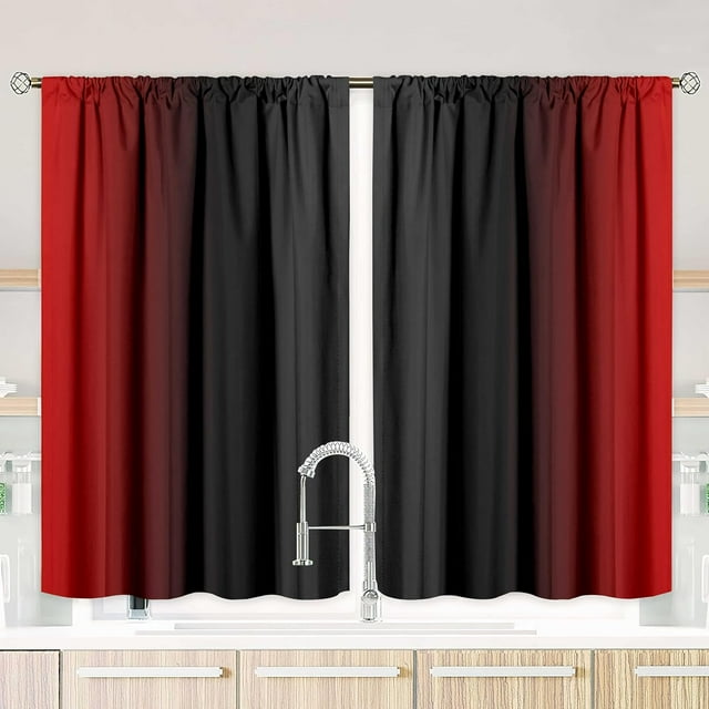 Rideaux de Cuisine Rouges et Noirs 2 Panneaux pour Salle à Manger Rideau Ombré Abstrait Longueur 39 Pouces Semi-Transparent à Passe-Tringle Panneau de Traitement de Fenêtre pour Salon,27.5"x39 Pouces