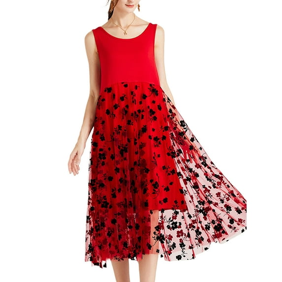 Coduop Women Sleeveless Tank Dress Casual Scoop Neck Floral Mesh Long Dress Midi Swing Sundress