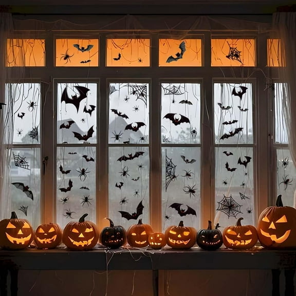 73pcs Bat Spider Window Stickers Window Stickers Spider Web Window Clings Floor Clings Non Adhesive Sticker Window Decals Bat Spider Window Decor Black 9sheets/Set Mixed Color