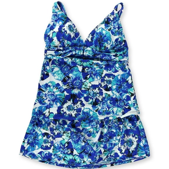 Jones New York Womens Sash Wrap Skirt 2 Piece Tankini, Blue, 8