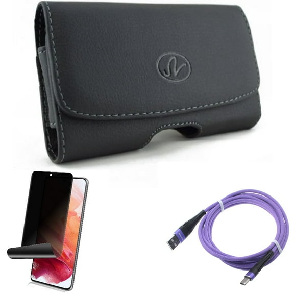Case Belt Clip w 10ft USB Cable w Privacy Screen Protector for Samsung Galaxy S21 Plus - Leather Swivel, Purple Type-C, TPU Film Fingerprint Works Accessory Bundle